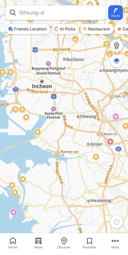 Kakao Map discover screen with AI Picks and restaurant filter tabs