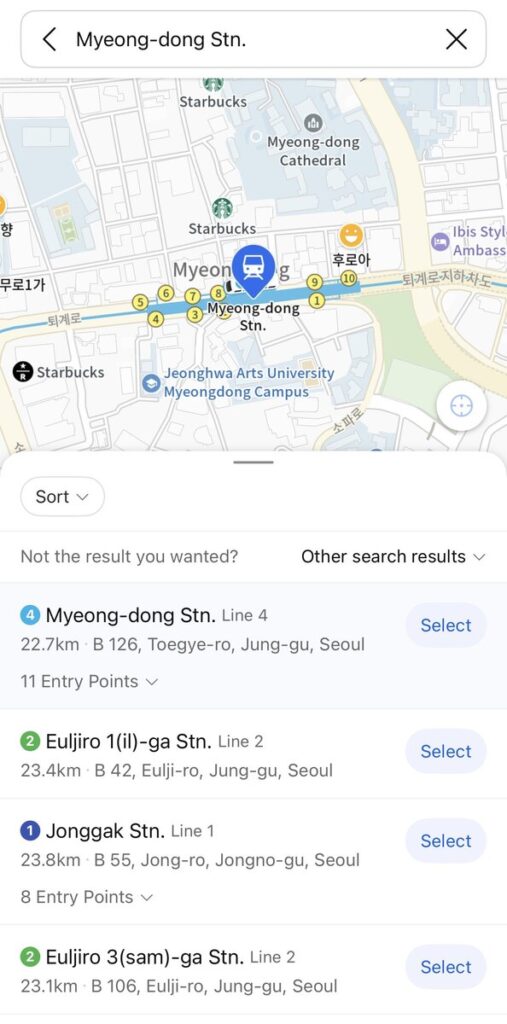 Kakao Map view of Myeong-dong Station showing numbered subway exits and nearby landmarks