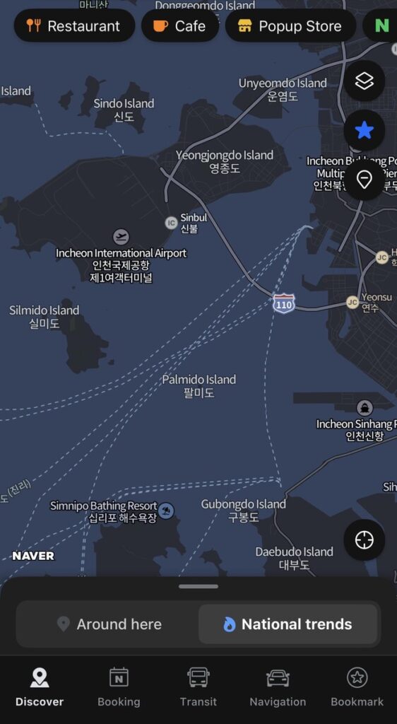 Naver Map discover screen showing national trending places feature