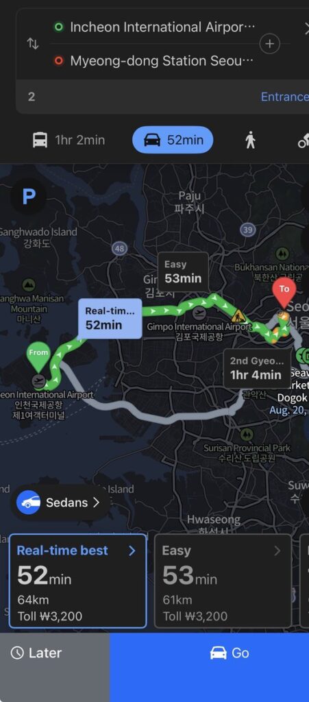 Naver Map driving route comparison from Incheon Airport showing real-time traffic times and toll costs