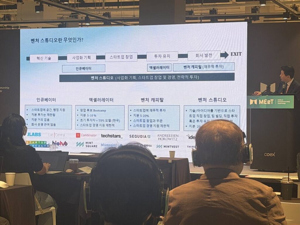 Presentation slide at a MEeT 2026 practice session, with the speaker at the podium and audience seated in front