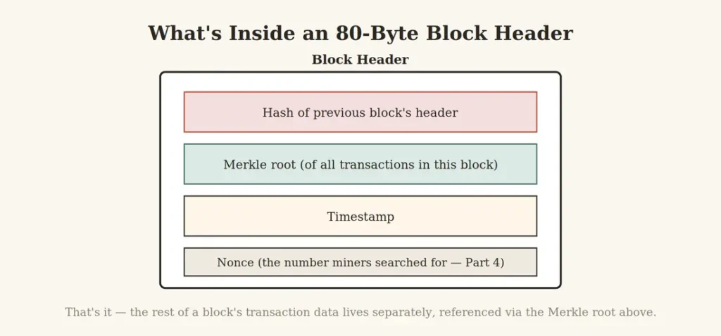 Diagram of a Bitcoin block header showing its four components: previous block hash, Merkle root, timestamp, and nonce